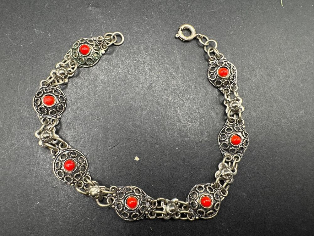 Vintage Israel Sterling Silver 925 Coral Red Stone Panel Link Bracelet Sz 6.75"